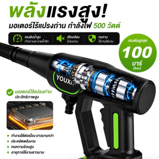 YOUXIAN เครื่องฉีดน้ำแรงดันสูงไร้สาย 21V มอเตอร์ไร้แปรงถ่าน แรงดันสูง หัวฉีด 6 รูปแบบ สายยางยาว ล้างรถ รดน้ำต้นไม้