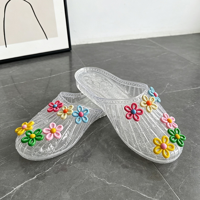 LGShoes รองเท้าแตะหุ้มหัวเท้า ทันสมัย ฤดูร้อน ผู้หญิง ใส่นอกบ้าน เจลลี่ใสคริสตัล ดอกไม้น่ารัก กันลื่น
