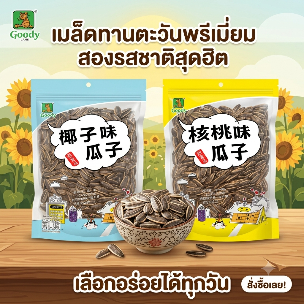 Goody เมล็ดทานตะวันคัดพิเศษ 500 กรัม กลิ่นมะพร้าวและกลิ่นวอลนัท