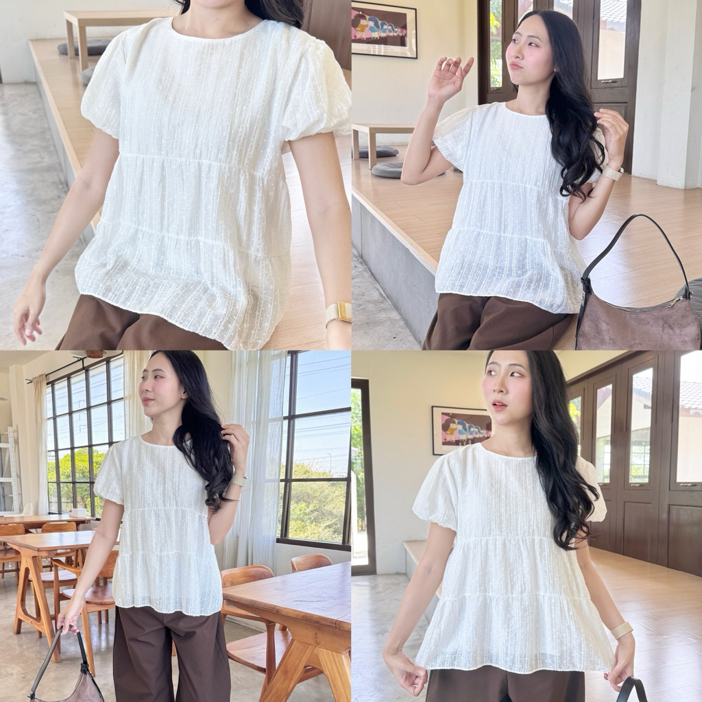 เสื้อแขนบอลลูนทรงชั้นจุดเล็กสาวอวบใส่ได้ เนื้อผ้าเบาบางมีซับใน