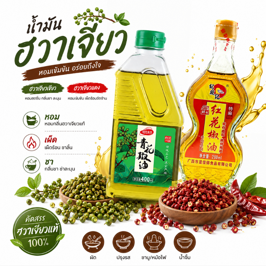 น้ำหม่าล่า น้ำมันหม่าล่า น้ำมันฮวาเจียวน้ำมันพริกไทย น้ำมันฮวาเจียว (青花椒 - ชิงฮวาเจียว)-(红花椒 - หงฮวาเจียว) พร้อมส่ง