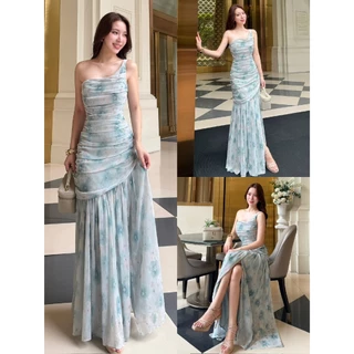 ชุดออกงาน ชุดเพื่อนเจ้าสาว koolykool(พร้องส่งS-2XL) ไหล่เบี่ยงชีฟองรูดกปยาวผ้าลาย DK01