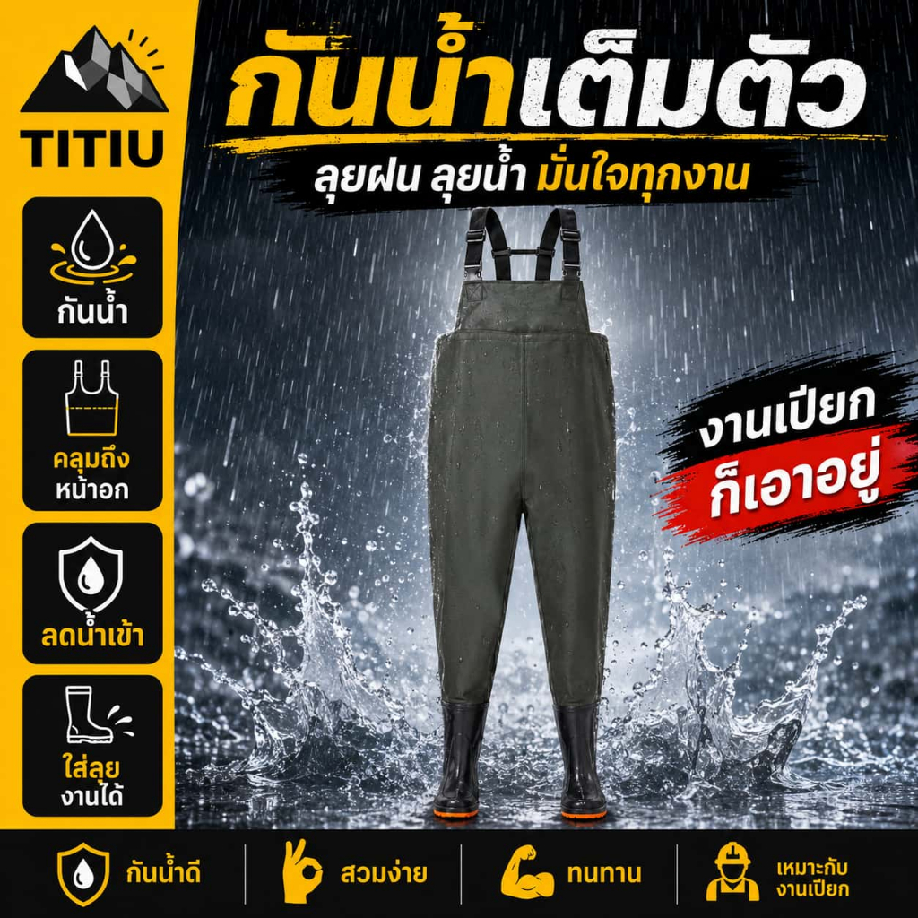 TITIU กางเกงบูทกันน้ำ ชุดเอี๊ยมกันน้ำ PVC กันน้ำ เอี๊ยมกันน้ำพร้อมรองเท้าบู๊ท ไซต์ 39-44 waterproof pants กางเกงทำสวน