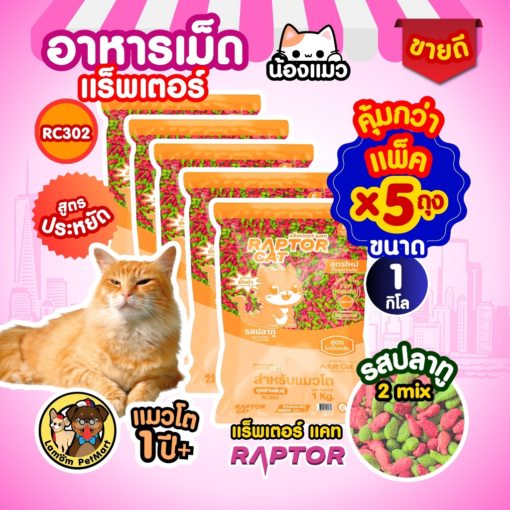(PACK 1 KG. x 5 ถุง) อาหารแมว RAPTOR CAT รสปลาทู 2 MIX​ (RC302) ไม่เติมเกลือ ลดกลิ่นมูล โปรตีน26%