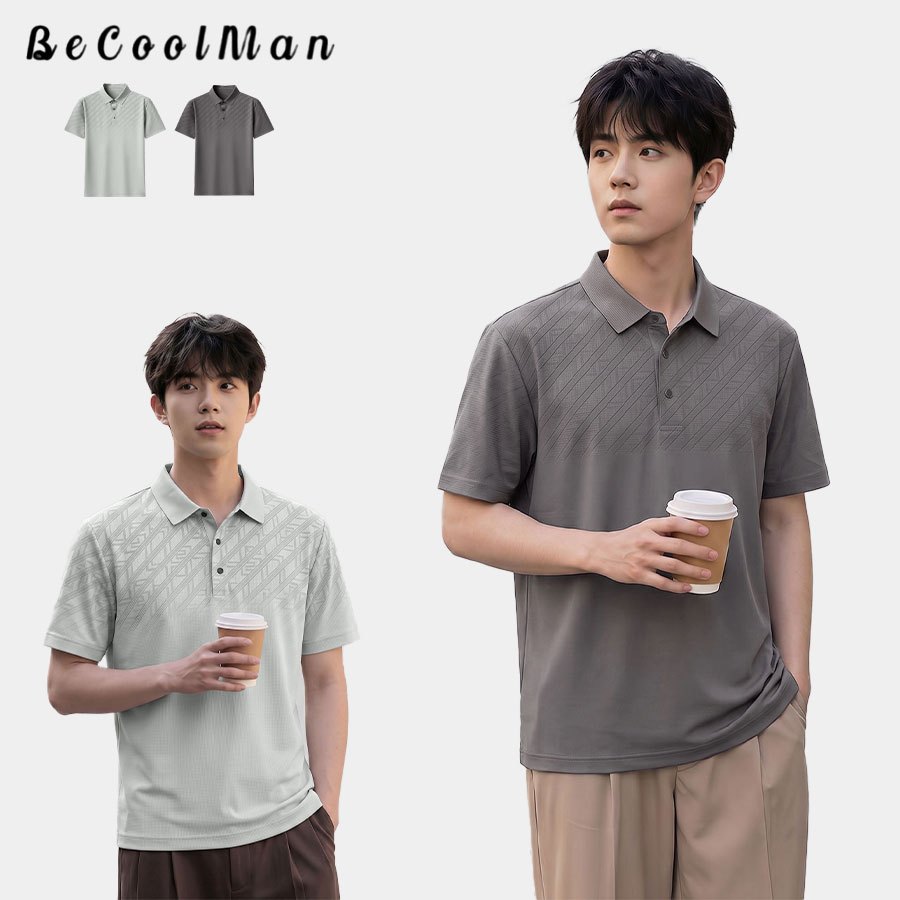 💥BecoolMan💥แขนสั้นฤดูร้อน เสื้อโปโลระบายอากาศ ผ้าไอซ์ซิลค์เย็นสบาย ชุดคุณพ่อวัยกลางคน ลายทางพิมพ์ลาย แห้งเร็ว รุ่นใหม่