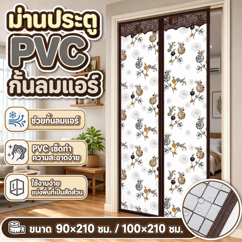 ม่านประตูเครื่องปรับอากาศ PVC ม่านประตู 90/100*210cm กันน้ำ กันลมกลิ่น หน้าร้อน ม่านประตูแม่เหล็ก