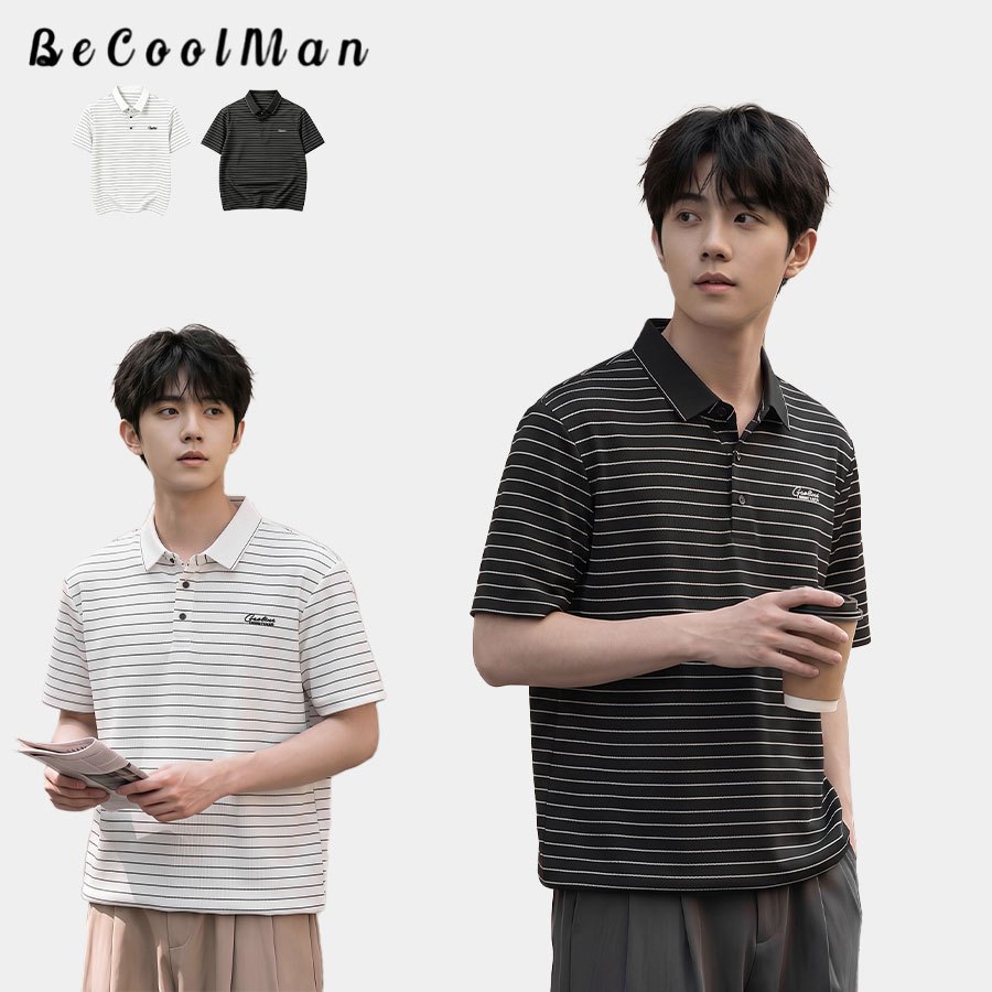 💥BecoolMan💥เสื้อโปโลลายทางสำหรับฤดูร้อน ผ้าไอซ์ซิลค์เย็นสบาย คอพับ เสื้อลำลองสำหรับคุณพ่อวัยกลางคน หลวม แฟชั่น ธุรกิจ