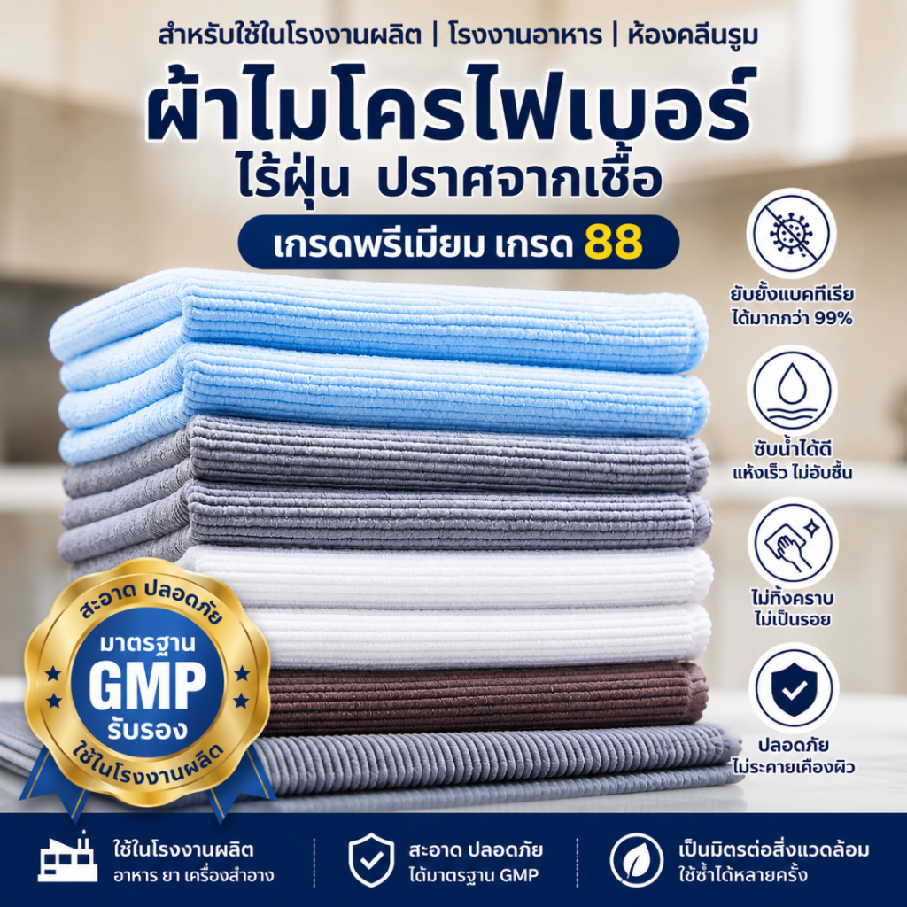 ผ้า3M ขนาด 40x40 cm ผ้าไมโครไฟเบอร์เกรดพรีเมียม สำหรับโรงงานผลิต สะอาด ปลอดภัย ได้มาตรฐาน GMP-Microfiber