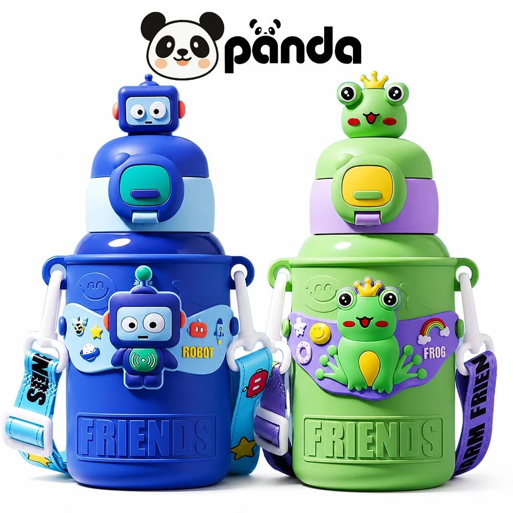 PANDA แก้วสแตนเลส วัสดุสแตนเลส 316 กระติกน้ำเด็ก ลายการ์ตูน 450ml มีหลอด มีสายสะพาย ขวดน้ำพกพา น่ารัก ของขวัญ NO:H97