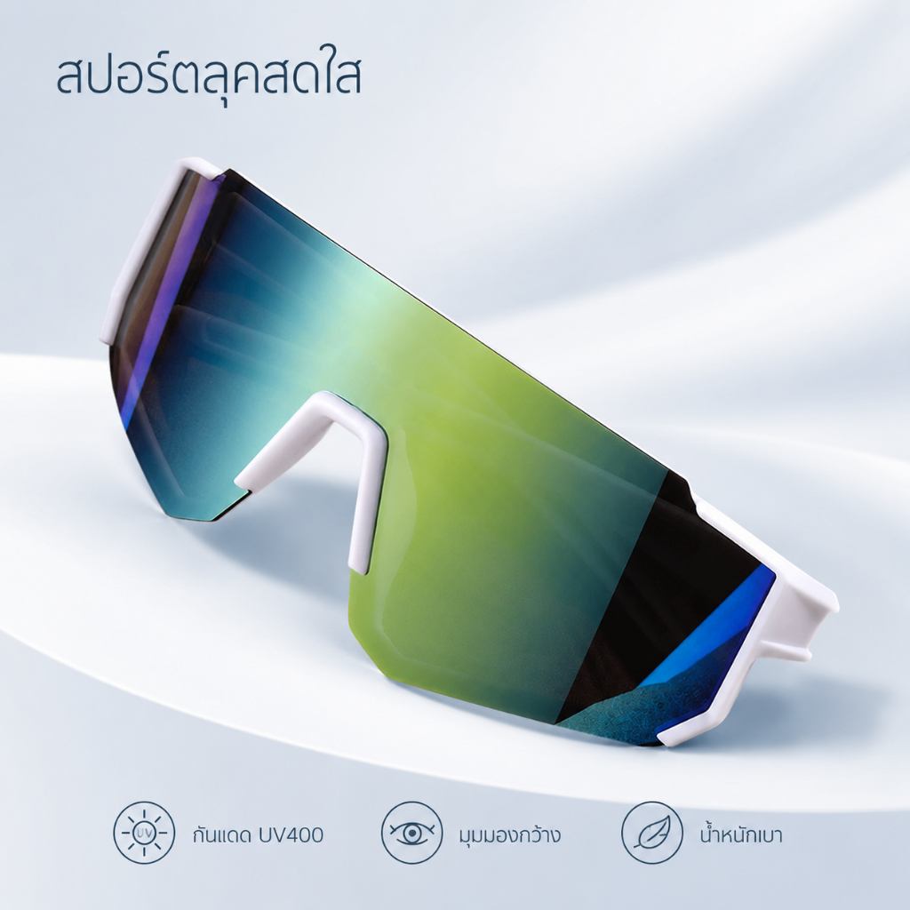 แว่นกันแดดสปอร์ตทรงใหญ่ เลนส์ชิ้นเดียว UV400 น้ำหนักเบา แว่นปั่นจักรยาน วิ่ง ออกกำลังกาย กิจกรรมกลางแจ้ง ใส่ได้ทั้งผู้ชา