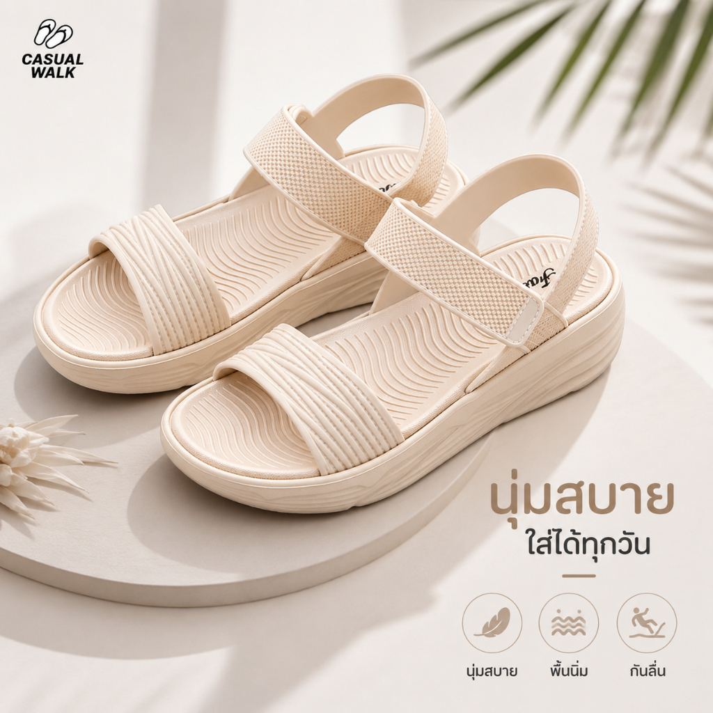 CasualWalk รองเท้าแตะผู้หญิง พื้นหนา สายเวลโครปรับได้ กันลื่น น้ำหนักเบา ใส่สบาย รองเท้าแฟชั่น ใส่เที่ยว ช้อปปิ้ง ชายหาด