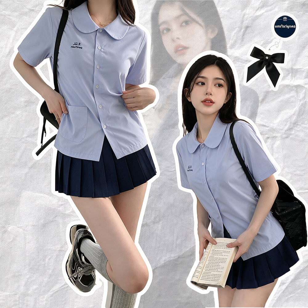 ชุดนักเรียนหญิง เสื้อเชิ้ตสีฟ้า กระโปรงพลีท โบว์ ฟรี สไตล์ญี่ปุ่น XS-3XL