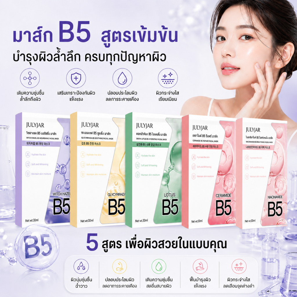 [1 กล่อง 10 ชิ้น] NIACINAMIDE B5 BRIGHTENING Facial Mask แผ่นมาส์กบำรุงผิวหน้า สูตร Pro Vitamin B5หน้าเนียนนุ่มขึ้นทันที
