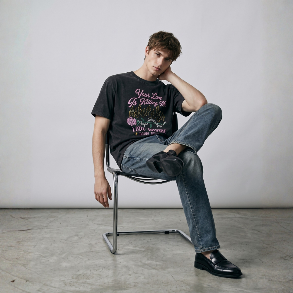 DAVIE JONES تيشيرت رجالي Slim Fit جرافيك — أسود مغسول — صورة 4