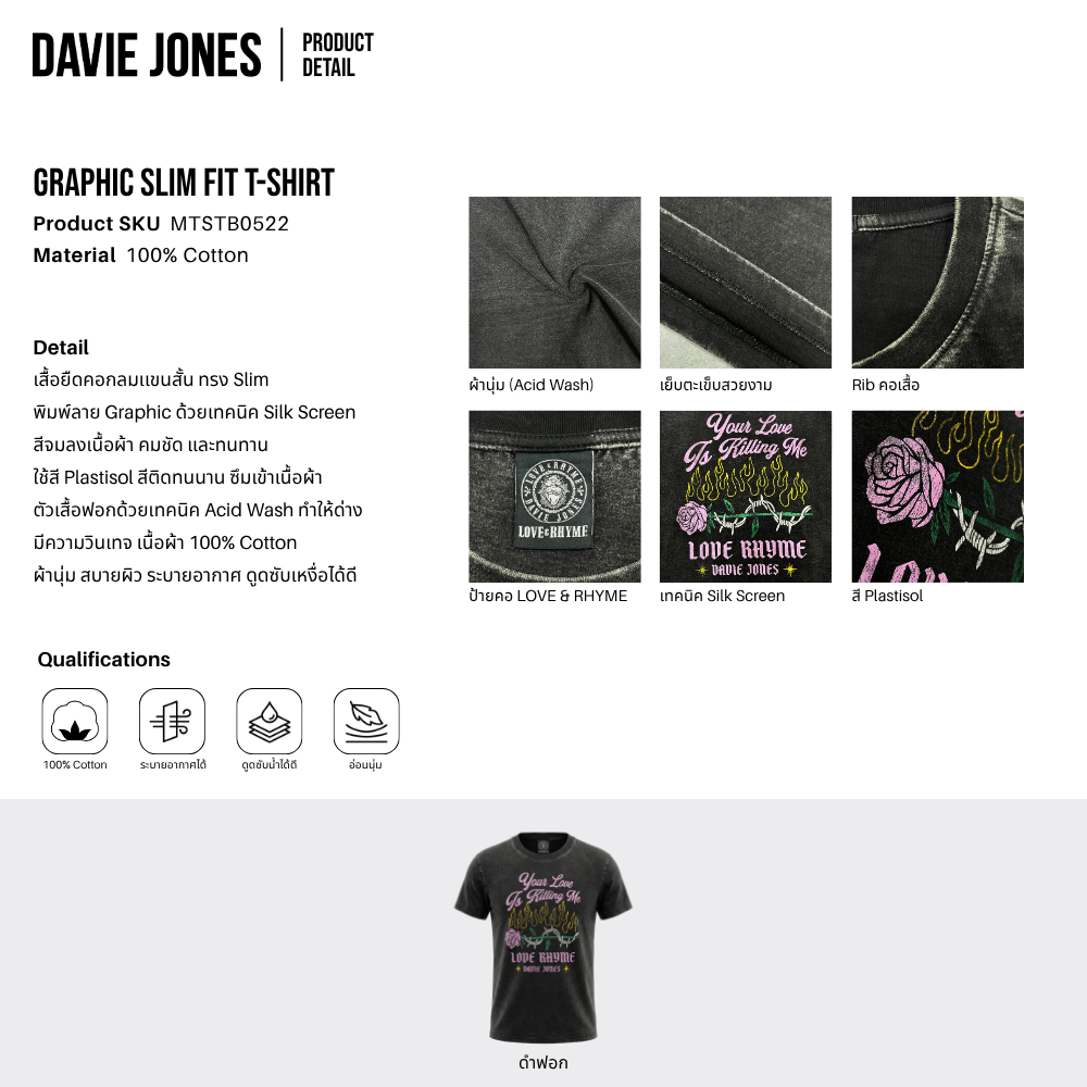 DAVIE JONES تيشيرت رجالي Slim Fit جرافيك — أسود مغسول — صورة 3