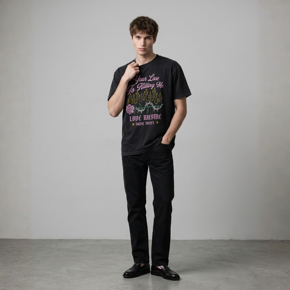DAVIE JONES تيشيرت رجالي Slim Fit جرافيك — أسود مغسول