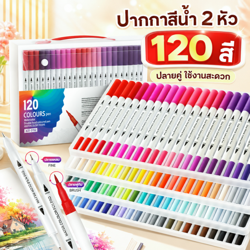 12/24/36/48/60/100/120สี ปากกาแปรงสีน้ำ ปากกาเมจิก สีน้ำสองหัว แบบพกพา ไม่ซ้ำกัน สีสดใส ใช้งานได้ดี