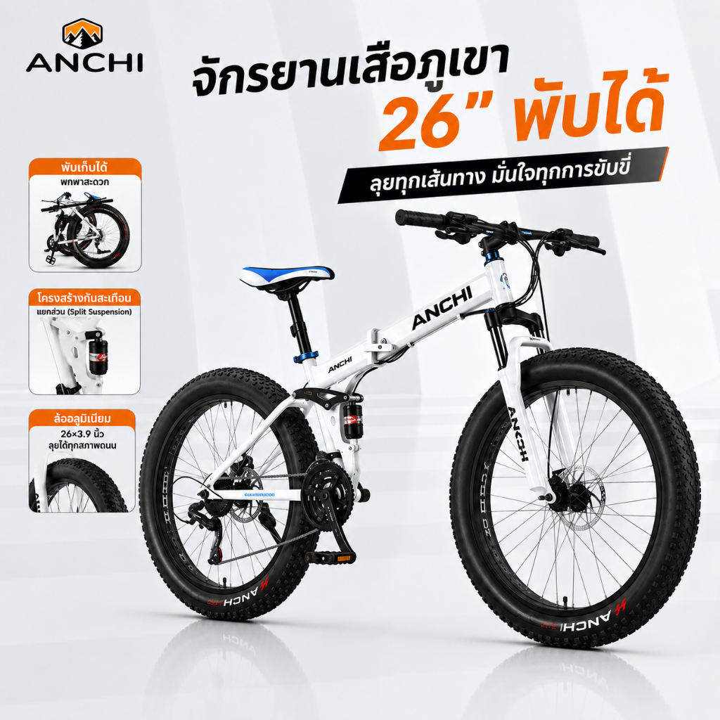 ANCHI จักรยานล้อโต จักรยานพับได้ จักรยานเสือภูเขา 21 สปีด รับน้ำหนัก 200 กก โช้คหน้า ดิสก์เบรกคู่ สำหรับเดินทางและออฟโรด