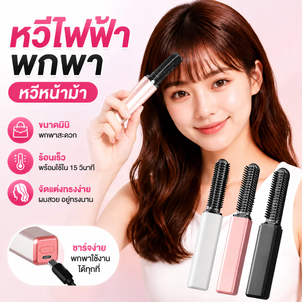 หวีไฟฟ้าพกพา Hair Iron 2in1หวีหน้าม้า ร้อนเร็ว ขนาดเล็ก พกพาสะดวก ชาร์จแบบUSB หวีไฟฟ้าไร้สาย