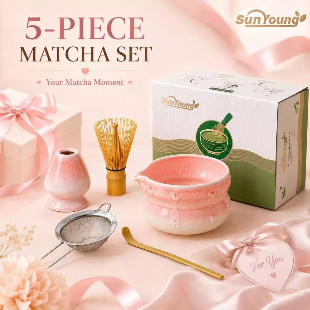 ชุดชงมัทฉะ 5 ชิ้น ชามมัทฉะญี่ปุ่น Matcha Bowl Matcha Whisk เซรามิคสีชมพู ถ้วยชงมัทฉะ สไตล์ญี่ปุ่น สำหรับ Home Cafe
