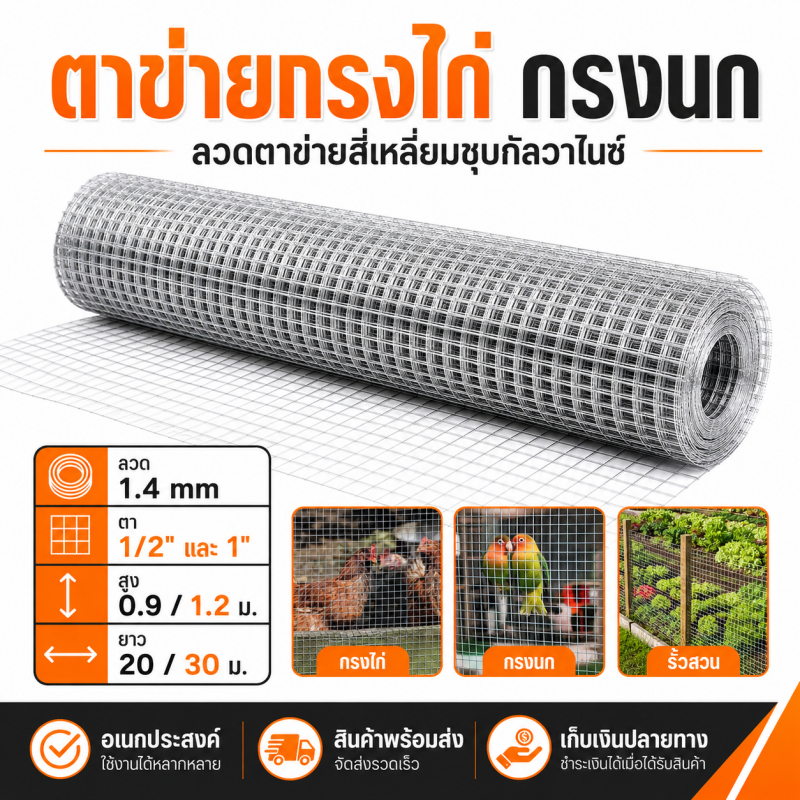 ทนสนิม! ตาข่ายกรงไก่-นก ชุบสังกะสีร้อน 1/2นิ้วะ 1" กว้าง 0.9x30 ม. – กันงูหนู ลวดปูพื้น