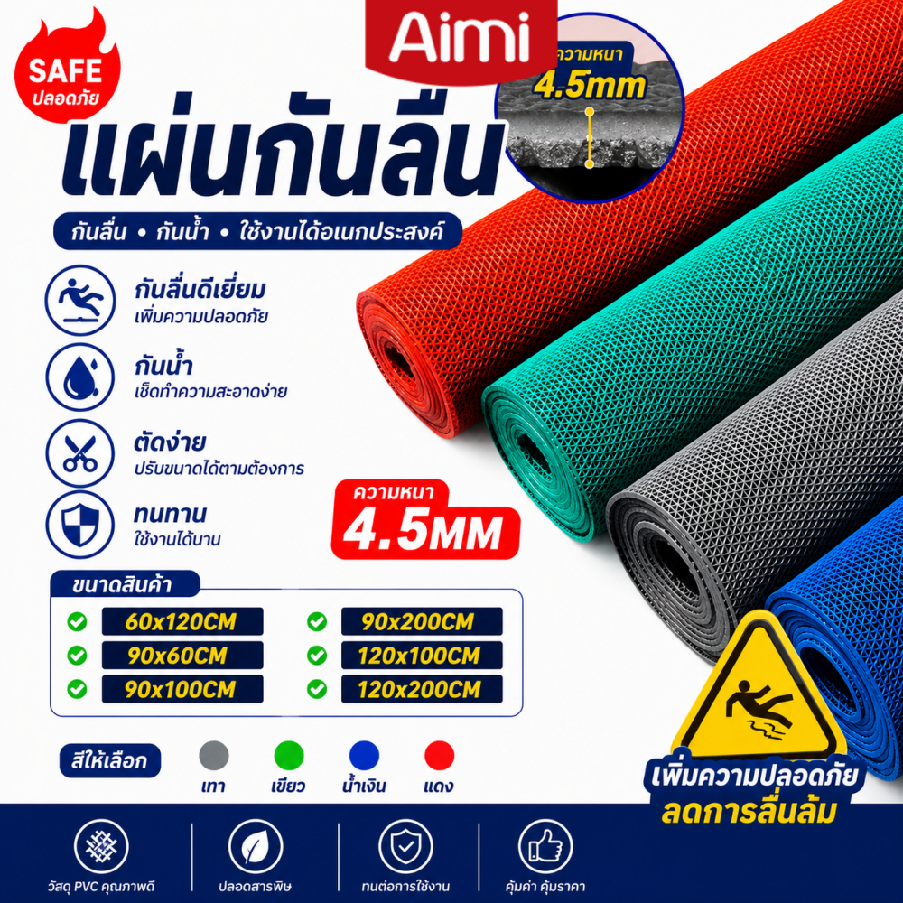 Aimi แผ่นกันลื่น หนา4.5mm PVC Mat แผ่นยางกันลื่น ในห้องน้ํา ห้องครัว พื้นกระเบื้อง