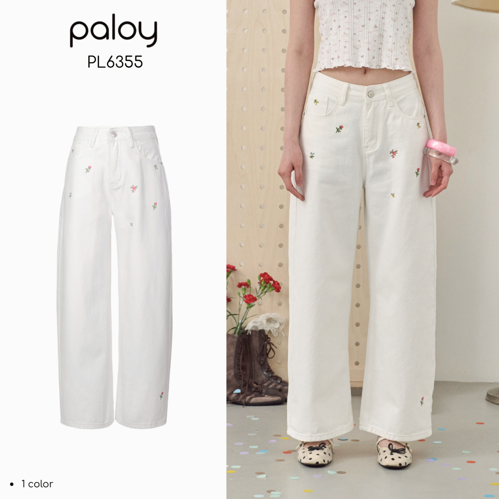 Paloy - PL6355 กางเกงยีนส์นขายาว ดีเทลปักดอกไม้ Paloy