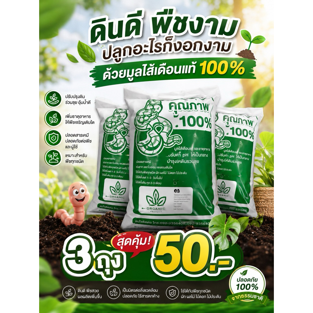 โปรลดแรง 3 ถุง 50 มูลไส้เดือนแท้ 100% (มีของแถมทุกออเดอร์)