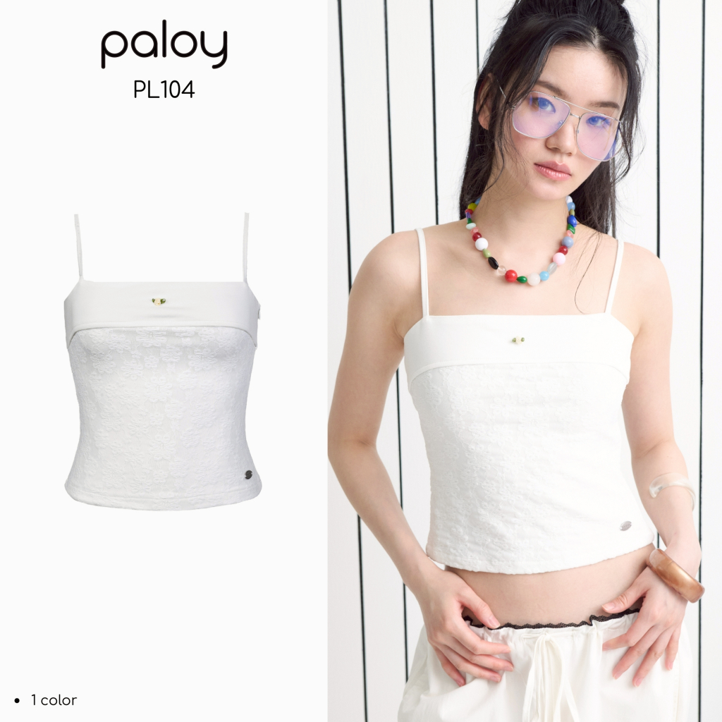 Paloy - PL104 Petit Top เสื้อสายเดี่ยวเข้ารูป แต่งดอกไม้กลางอก ผ้ายืดตัดต่อลายลูกไม้