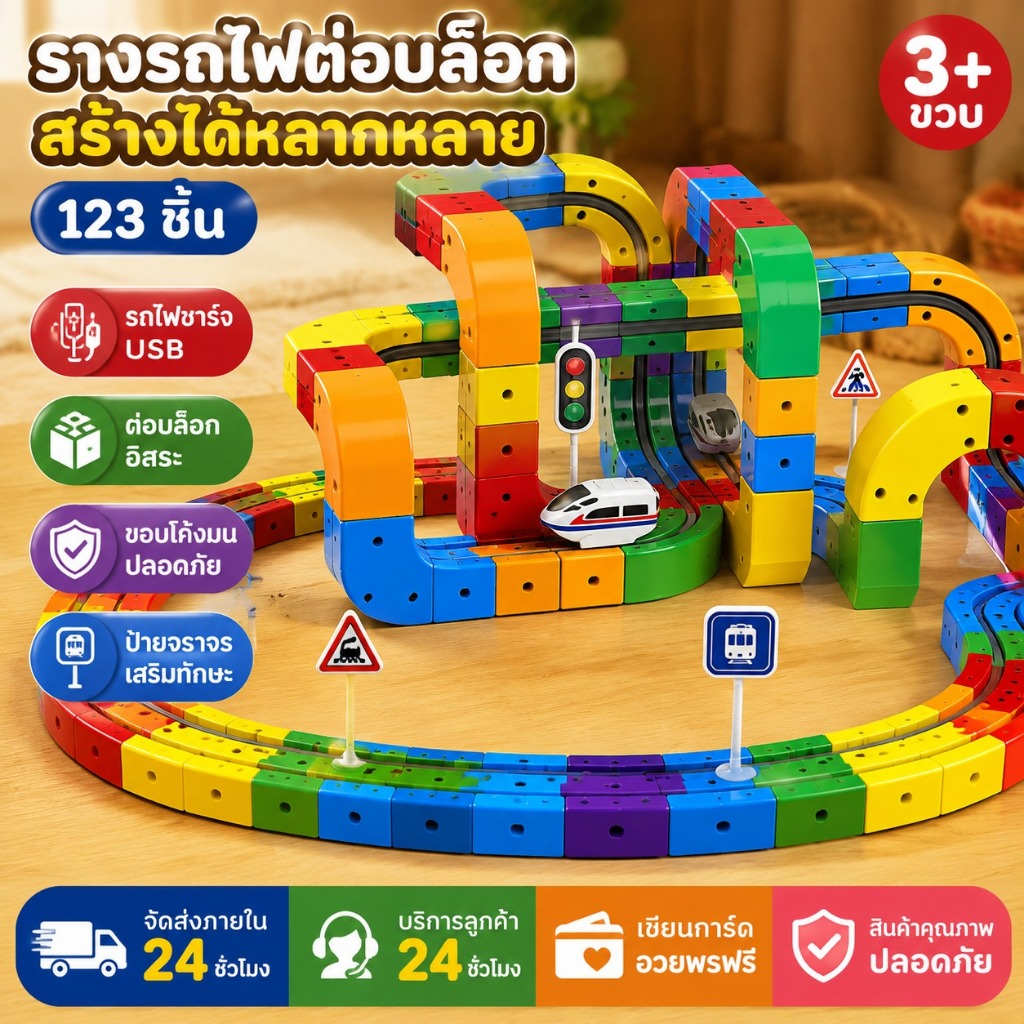 Magic Rail Cube รถไฟเด็กไฟฟ้า ต่อบล็อกอิสระ สร้างรูปแบบรางวงกลมและสลับชั้นได้ 123pcs