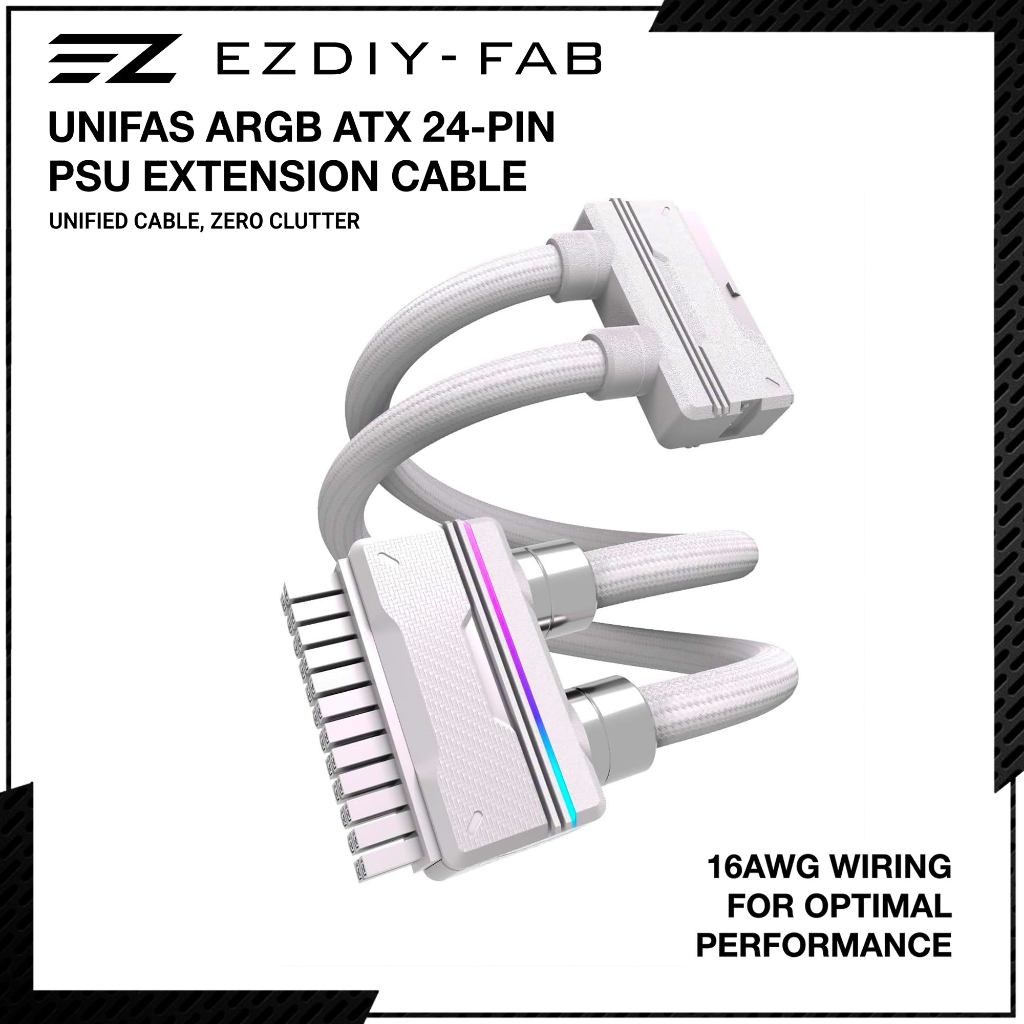 EZDIY-FAB UNIFAS ARGB 24Pin PC PSU Extension Cable,16AWG ATX 24Pin Power Extension - WHITE