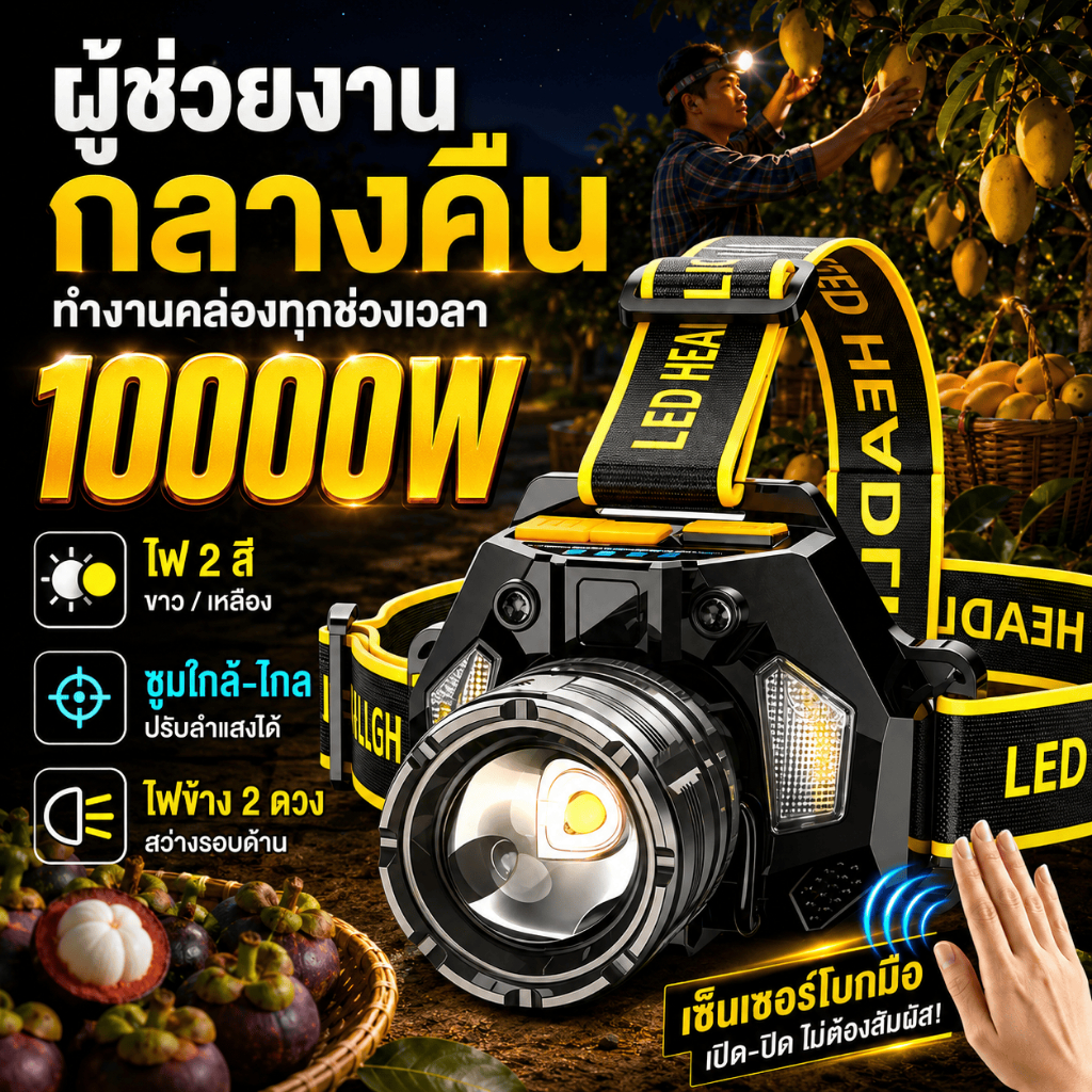 ไฟหน้าสองสี ไฟฉายคาดหัวแท้LEDหมุนเพื่อซูม ไฟคาดหัวแรงสูง แบตอึด กันน้ำ ไฟส่องกบ ตกปลา สว่างมาก ไฟสายคาดหัว ไฟฉานคาดหัว
