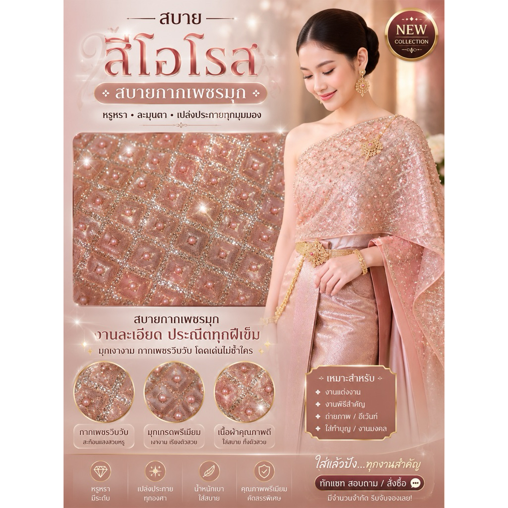 ผ้าสไบปัก สไบกากเพชร พร้อมส่งทำสไบกด 3 หลา(ไซด์มาตรฐาน) ความกว้าง 30 ผู้ใหญ่ /เด็ก กว้าง 20cm ( เซตคู่ยาว 3 เมตร)