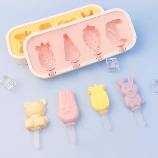 แม่พิมพ์ไอศกรีมซิลิโคน 4 ช่อง DIY ทำไอติม ถอดง่าย ล้างสะดวก มาพร้อมไม้ไอติม ทำน้ำแข็งได้