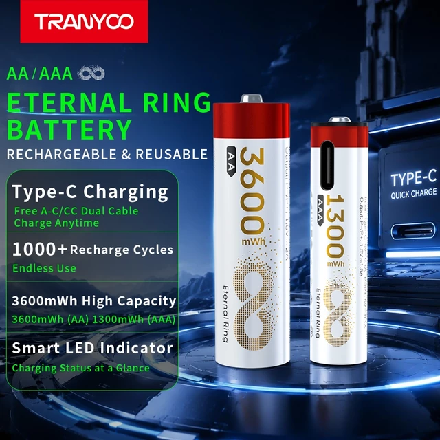 TRANYOO T-AA5 แบตเตอรี่ลิเธียมความจุสูง 1300mAH/3600mAh รองรับการชาร์จและคายประจุวนซ้ำได้ 1000 รอบ แบตเตอรี่คุณภาพสูง