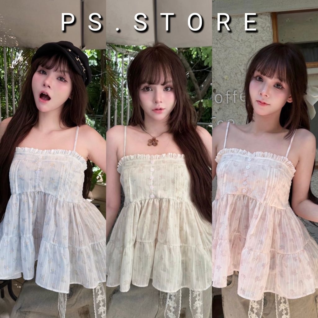 Iris : เสื้อสายเดี่ยวแต่งขอบชายระบายลูกไม้ งานกระดุมหน้า สายปรับได้