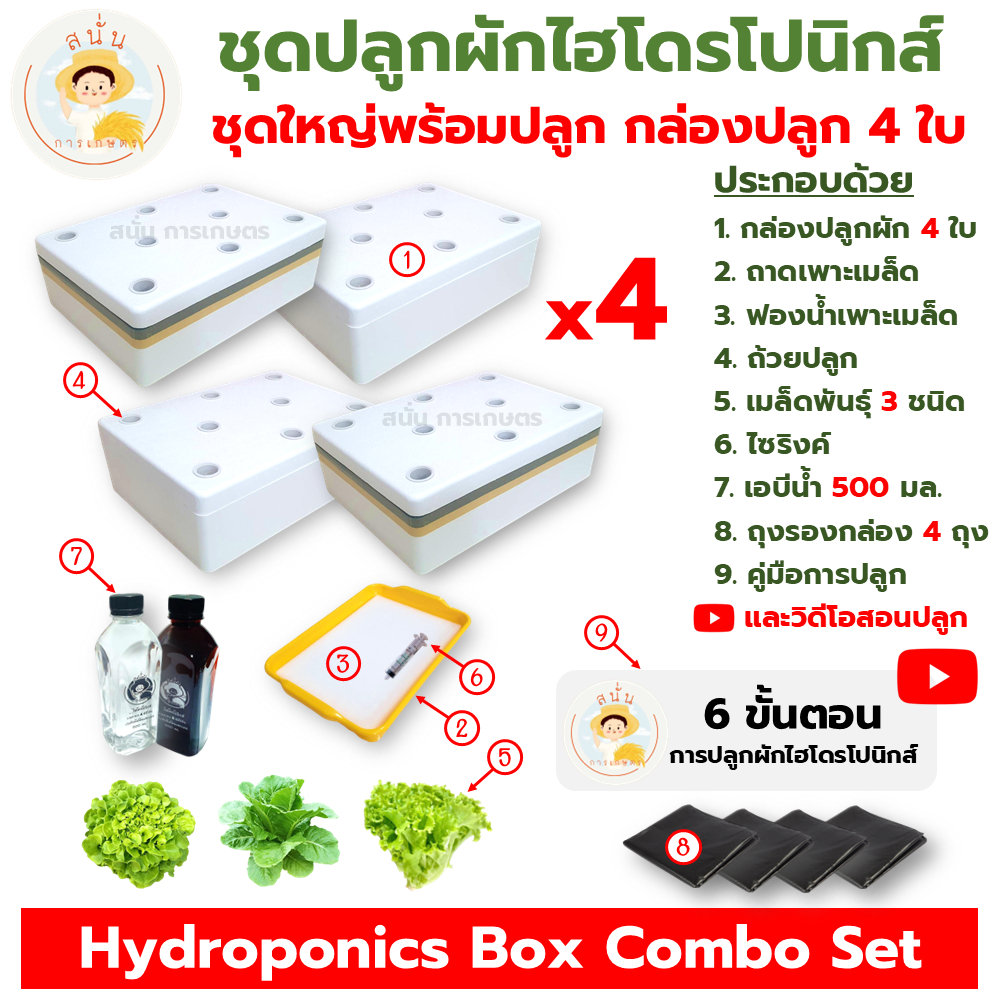(ชุดใหญ่ พร้อมปลูก กล่อง 4 ใบ) ชุดกล่องปลูกผักไฮโดรโปนิกส์ กล่องโฟมปลูกผัก อุปกรณ์ครบ เมล็ด 3 ชนิด