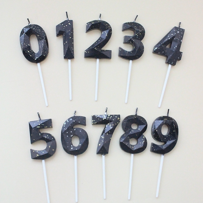 เทียนปักเค้กวันเกิด ตัวเลขสีดำกากเพชร Geometric Number Cake Candle พรอพตกแต่งเค้ก ปาร์ตี้ครบรอบ วันเกิดผู้ใหญ่