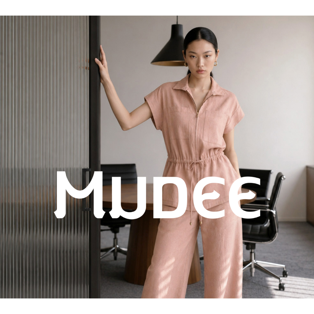 MUDEE เบลาส์ลินินคอปกแขนล้ำ ซิปหน้า พร้อมเอวรูด