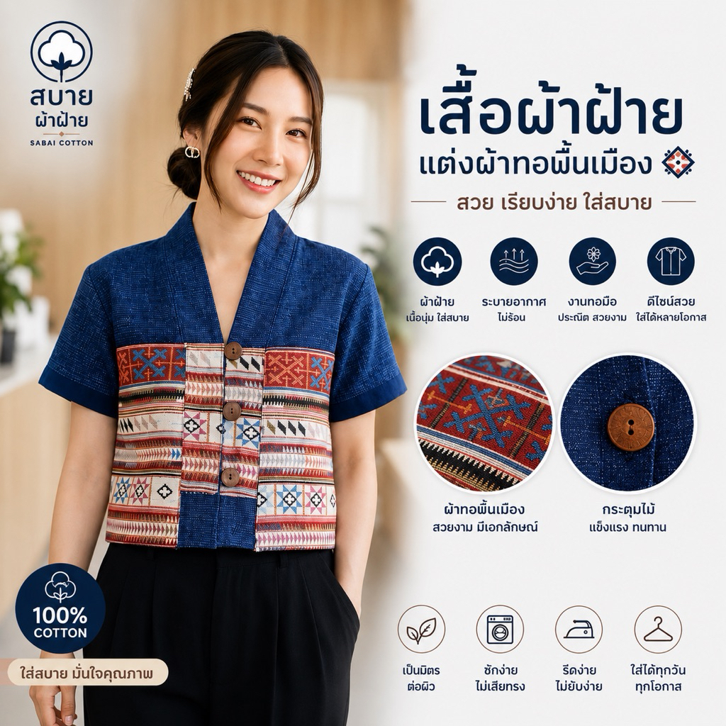 เสื้อผ้าฝ้าย ฟอกสโตนวอส สีไม่ตก คอวี ผู้หญิง