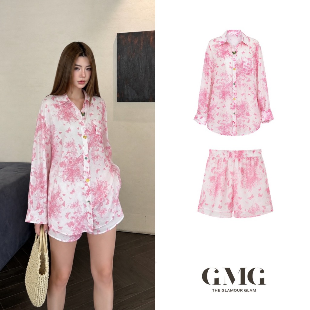 ชุดเซ็ท(เสื้อแขนยาว+กางเกงขาสั้น) ผ้า Chiffon สีชมพู พิมพ์ลายผีเสื้อทั้งตัว กระดุมผ่าหน้าคละแบบ (GMGSET-Pink Butterfly)