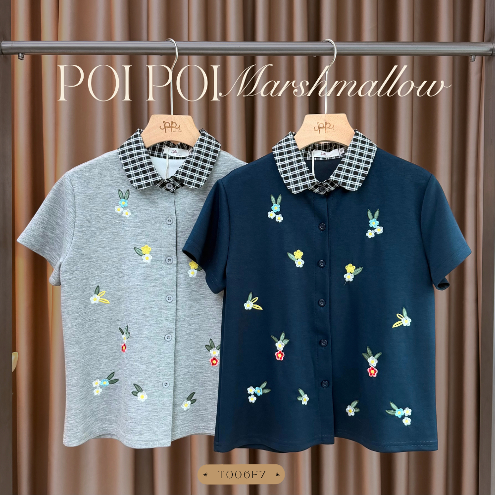POI เสื้อคอปกสก๊อตผ้ามาร์ชเมลโล่ปักดอกไม้ T006F7