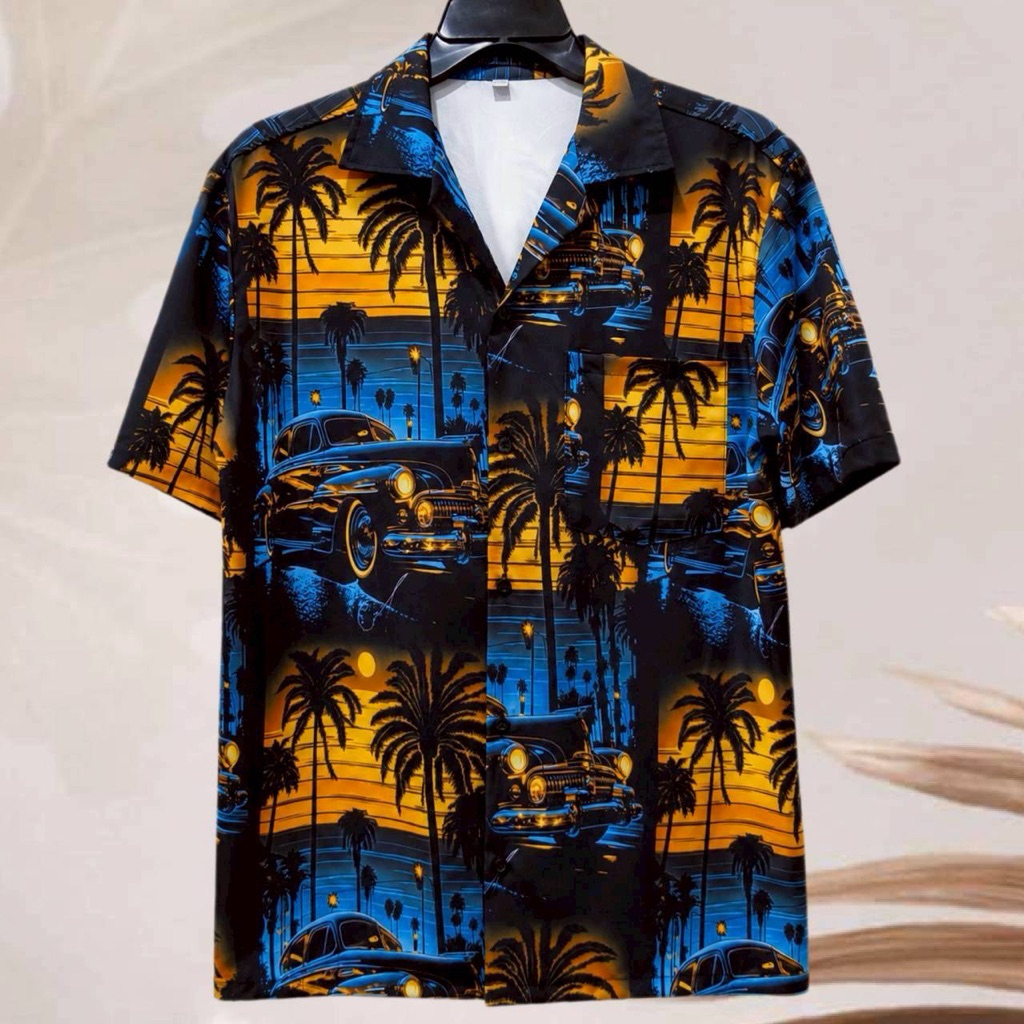เสื้อเชิ้ตฮาวาย ลายรถคลาสสิกต้นมะพร้าว (พื้นสีดำ) ผ้าไหมอิตาลี