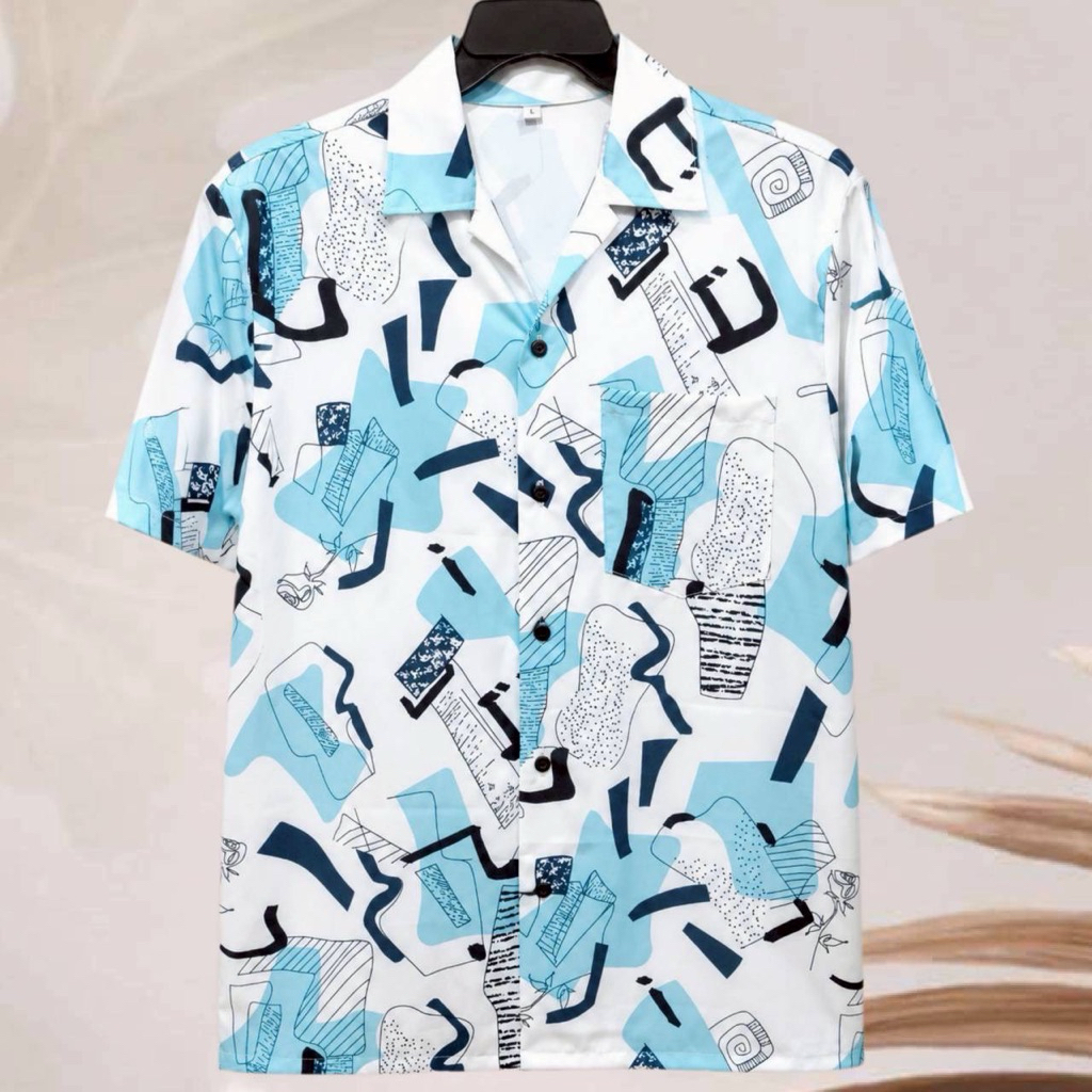 เสื้อเชิ้ตฮาวาย ลายมินิมอลมิ้นท์ (พื้นสีขาว) ผ้าไหมอิตาลี