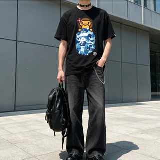 เสื้อยืดแขนสั้นชาย เสื้อยืดแขนสั้นคอรอบแบบหลวม ๆ พรินต์ลายหัวลิงcamo เสื้อ oversize ผู้ชาย ในสไตล์ใหม่จากฝ้ายบริสุทธิ์