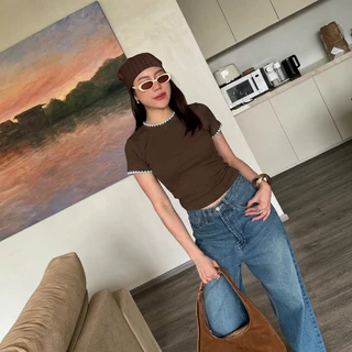 Hotgirl พร้อมส่ง เสื้อยืดแขนสั้นผู้หญิง เสื้อยืดเข้ารูป S-2XL เดินเส้นด้ายตัดคู่สี เนื้อผ้านุ่ม สบายผิว