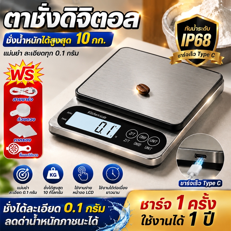 เครื่องชั่งดิจิตอล 10kg 0.1g ตาชั่งดิจิตอล เครื่องชั่งอาหาร เครื่องชั่งครัว แม่นยำสูง มีฟังก์ชัน Tare กันน้ำ IP68 หน้าจอ LED