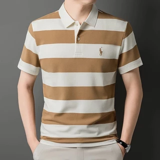 PROMAN เสื้อโปโลผู้ชายแขนสั้น ผ้าฝ้ายลายทาง คอปกระดับไฮเอนด์ สไตล์เกาหลี สไตล์ลำลอง เหมาะคุณพ่อวัยกลางและผู้ใหญ่ ยอดนิยม