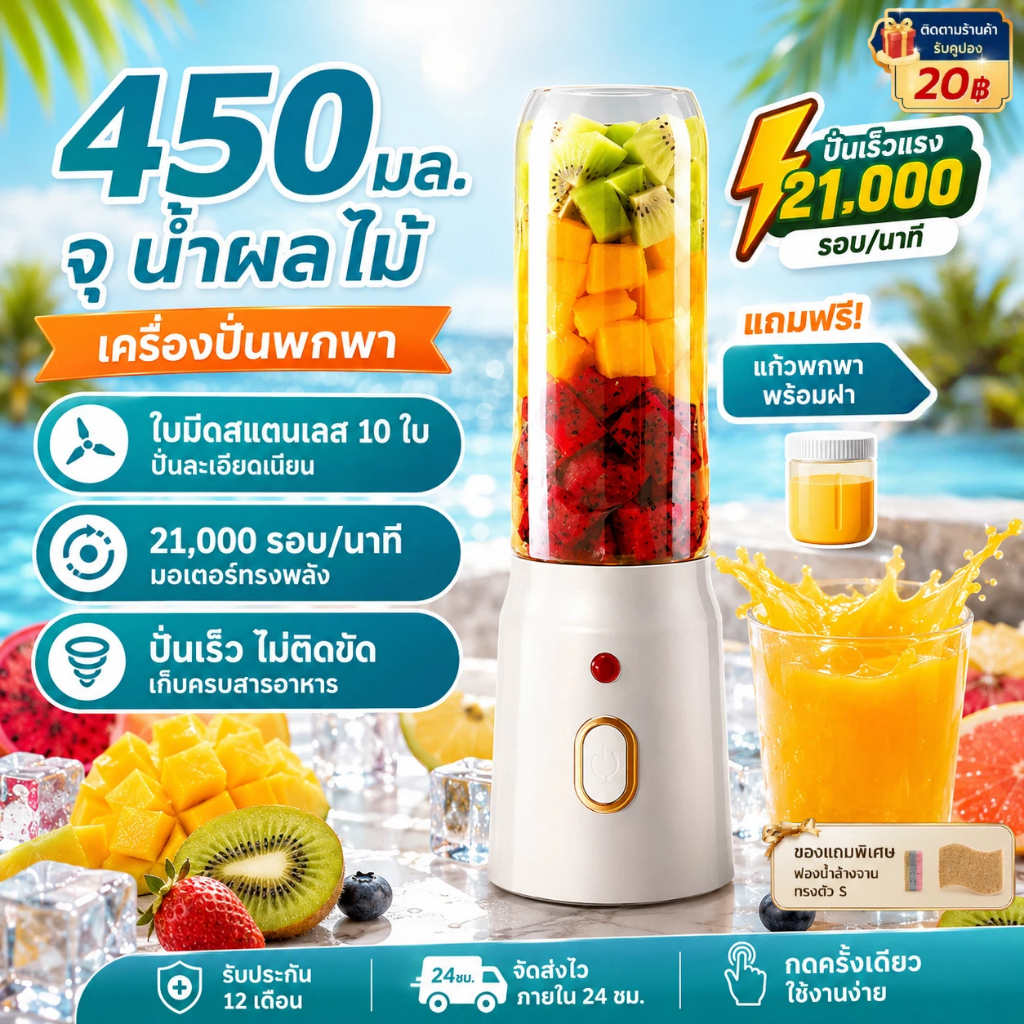 ONR Portable Blender แก้วปั่นน้ำผลไม้พกพา 450ml 1500mAh 10 ใบมีด ไร้สาย Type-C ฝา 2 แบบ เครื่องปั่นสมูทตี้