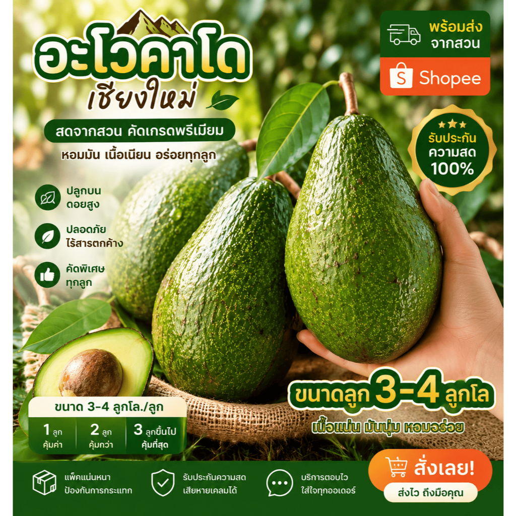AVO DOI อโวคาโด้สดจำนวน 1 กิโลกรัม ขนาด 3-4 ลูก